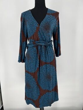 Boden Brown Midi Dress with Blue Floral Print